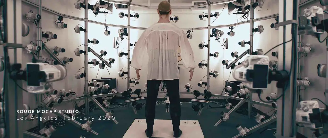 Person in motion capture studio setup