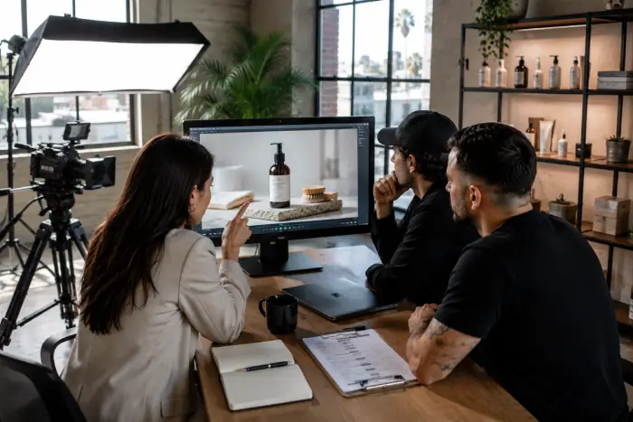 Choosing an e-commerce video production company in a studio meeting Choosing an e-commerce video production company in a studio meeting