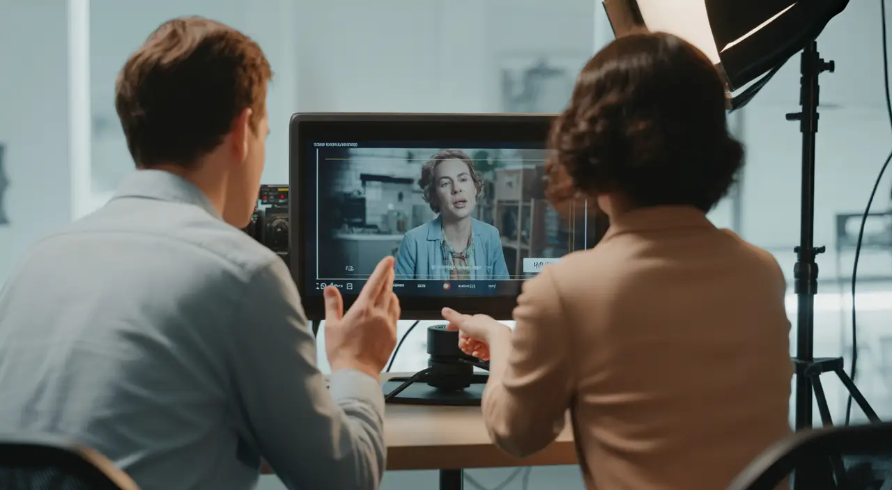 Video director and brand strategist reviewing brand story footage on a production monitor in a studio